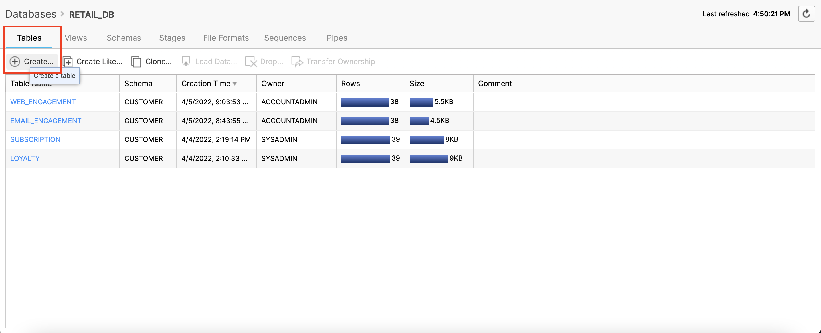 Create a table in Snowflake screenshot