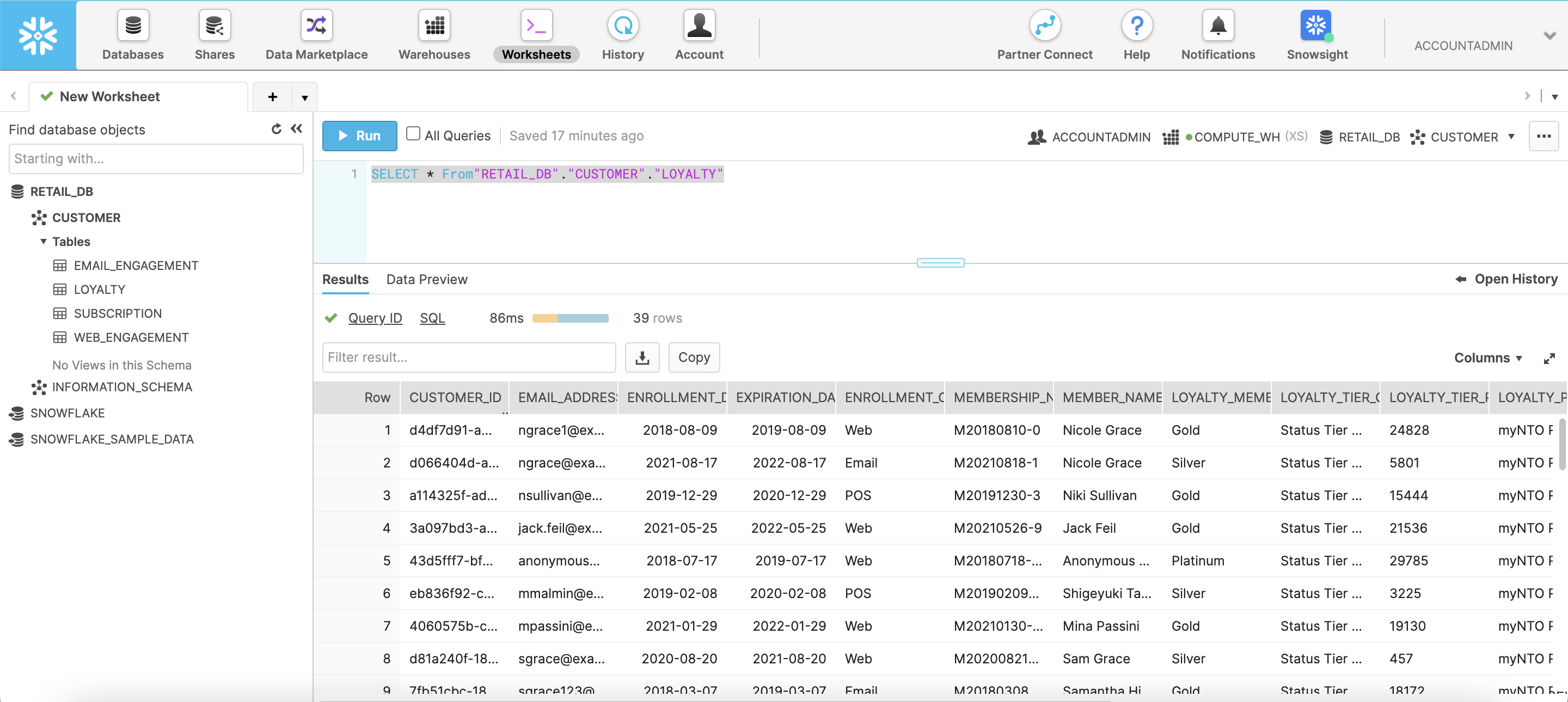 Run a query on the new table in a Snowflake worksheet screenshot