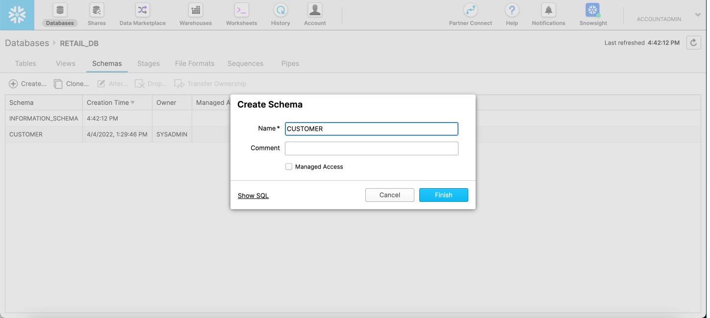 Name a new schema in Snowflake screenshot